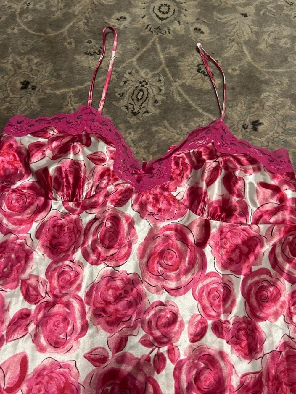 Ambrielle Pink Rose-Print Lace Trim Cami